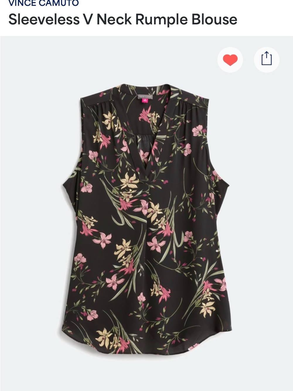 Vince Camuto Black Sleeveless V-Neck Floral Blouse with Pink & Cream Flowers